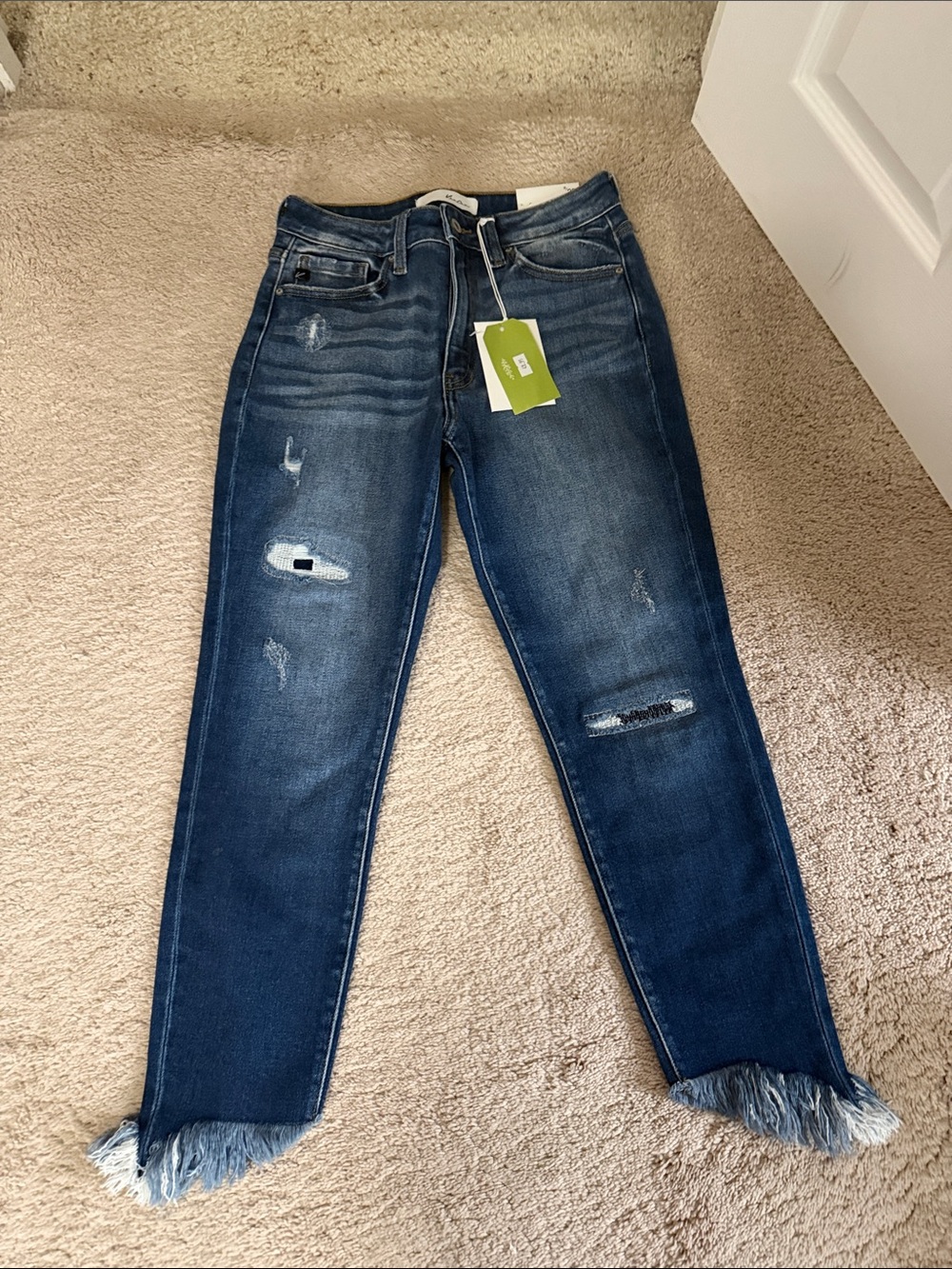 KanCan Dark Blue Distressed Cropped Jeans with Frayed Ankles